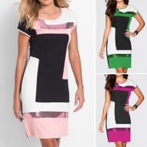 Fashion Contrast Color Short Sleeve Round Neck Sequin Spliced Dress