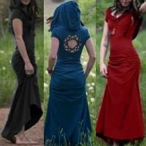 Fashion Solid Color Short Sleeve Hooded Hollow Out Maxi Dress