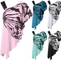 Sexy One-shoulder Irregular Hem Butterfly Printed T-shirt
