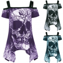 Sexig off-shoulder asymmetrisk fåll 3D Dödskalle-tryckt T-shirt