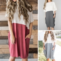Fashion Contrast Color Short Sleeve Round Neck Loose Dress