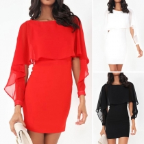 Fashion Slit Long Sleeve Round Neck Ruffle Slim Fit Dress