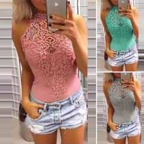 Sexy Hollow Out Lace Spliced Solid Color Bodysuit