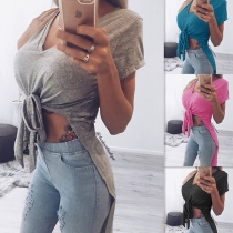 Chic Style Short Sleeve V-neck High-low Lace-up Hem Solid Color T-shirt