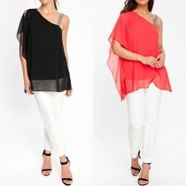 Sexy One-shoulder Irregular Hem Solid Color Chiffon Top