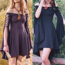 Sexy Off-shoulder Boat Neck Slit Trumpet Sleeve High-low Hem Party Dress