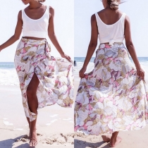 Bohemian Style High Waist Slit Hem Printed Maxi Skirt