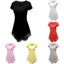 Fashion Short Sleeve Round Neck Lace Spliced Irregular Hem T-shirt