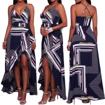 Sexy Backless V-neck Irregular Hem Printed Sling Maxi Dress