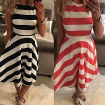 Fashion Sleeveless Round Neck Striped Dress