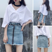 Fashion High Waist Tassel Trim Zipper Denim Skirt