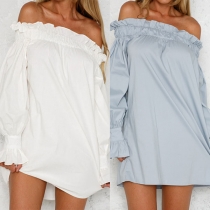 Sexy Off-shoulder Boat Neck Puff Sleeve Solid Color Dress