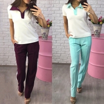 Fashion Contrast Color Short Sleeve T-shirt + Pants Sports Suit