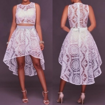 Sexy Sleeveless Hollow Out High Waist High-low Hem See-through Lace Party Dress