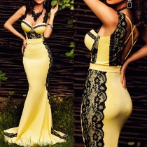 Sexy Backless High Waist Lace Spliced Floor-length Evening Dress