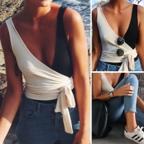 Sexy Deep V-neck Sleeveless Contrast Color Top