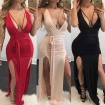 Sexy Backless Deep V-neck Slit Hem Solid Color Party Dress