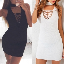 Elegant Solid Color Sleeveless Lace-up Choker V-neck Slim Fit Dress