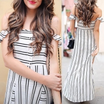 Sexy Off-shoulder Boat Neck Slit Hem Striped Dress