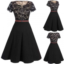 Elegant Style Short Sleeve Round Neck Lace Spliced Dress