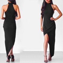 Sexy Backless Irregular Hem Solid Color Halter Dress