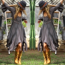 Sexy Deep V-neck Trumpet Sleeve Irregular Hem Solid Color Dress