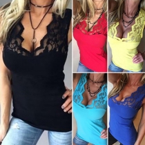 Sexy Lace Spliced Deep V-neck Sleeveless Slim Fit T-shirt