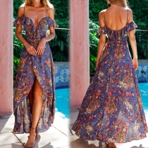 Sexy Backless Deep V-neck Slit Hem Printed Sling Dress
