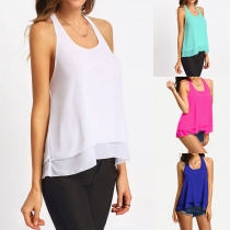 Sexy Backless Round Neck Lace Spliced Solid Color Halter Chiffon Top