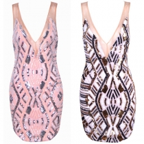 Sexy Deep V-neck Sequin Spliced Sleeveless Bodycon Dress