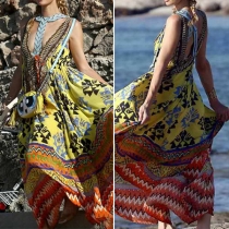 Sexy Backless Deep V-neck Sleeveless Printed Maxi Dress