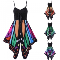 Sexy Backless Butterfly Printed Irregular Hem Sling Dress