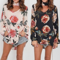 Fashion Long Sleeve Choker V-neck High-low Hem Printed Top