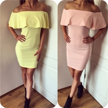 Sexy Off-shoulder Boat Neck Ruffle Slim Fit Solid Color Dress