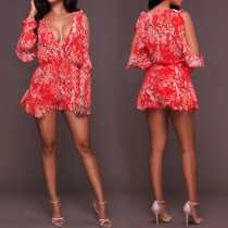 Sexy Off-shoulder Long Sleeve Deep V-neck Printed Chiffon Romper