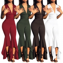 Sexy Backless Deep V-neck Flared Hem High Waist Solid Color Jumpsuit