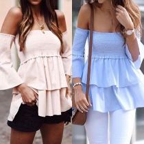 Sexy Off-shoulder Boat Neck Trumpet Sleeve Solid Color Ruffle Top