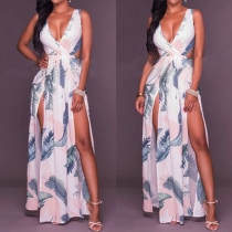 Sexy Deep V-neck Slit Hem Hollow Out High Waist Sleeveless Printed Dress
