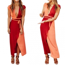 Sexy Deep V-neck Slit Hem Short Sleeve Contrast Color Dress