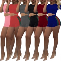Fashion Contrast Color Short Sleeve Crop Top + High Waist Shorts Two-piece Set