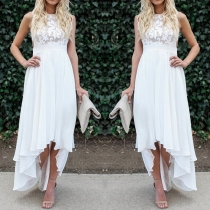 Fashion Solid Color Sleeveless Round Neck Irregular Hem Lace Spliced Dress