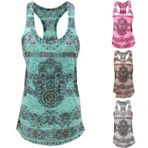 Bohemian Style Sleeveless Round Neck Printed T-shirt