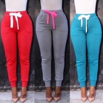 Fashion Solid Color Drawstring High Waist Casual Pants