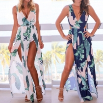 Sexy Deep V-neck Slit Hem Sleeveless High Waist Printed Dress