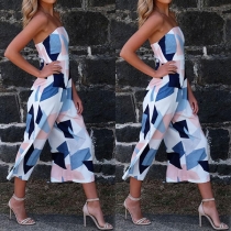 Sexy Strapless High Waist Contrast Color Printed Jumpsuit