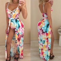 Sexy Backless Deep V-neck Slit Hem Colorful Printed Sling Dress