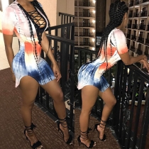 Sexy Lace-up Deep V-neck Short Sleeve Tie-dye Printed Tight Dress