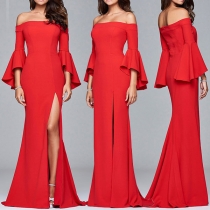 Sexy Off-shoulder Boat Neck Trumpet Sleeve High Slit Hem Evening Dress
