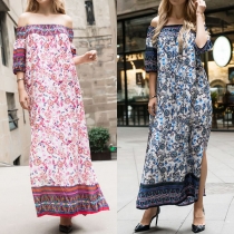 Bohemian Style Boat Neck Short Sleeve Slit Hem Printed Maxi Dress