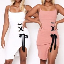 Sexy Backless Keyhole Lace-up Irregular Hem Slim Fit Sling Dress